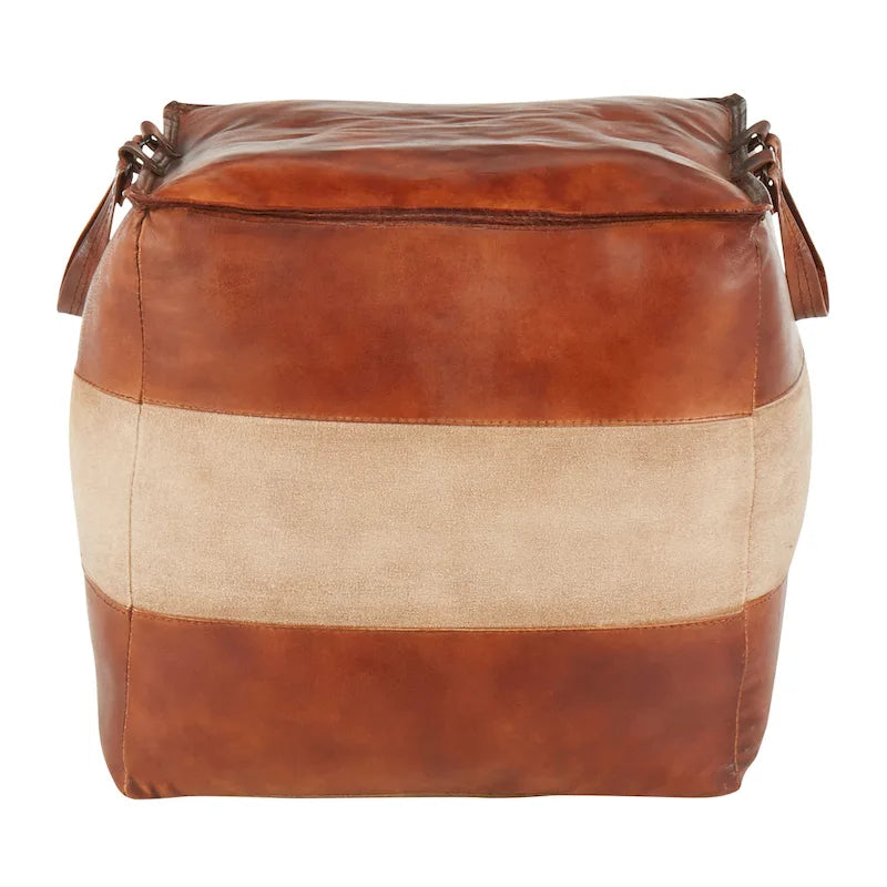Carbon Loft Najah Industrial Pouf Ottoman in Leather and Canvas