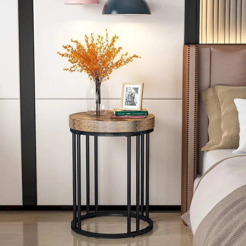 Brown/ Black Wood 2-Tier Round Sofa Side Table for Living Room