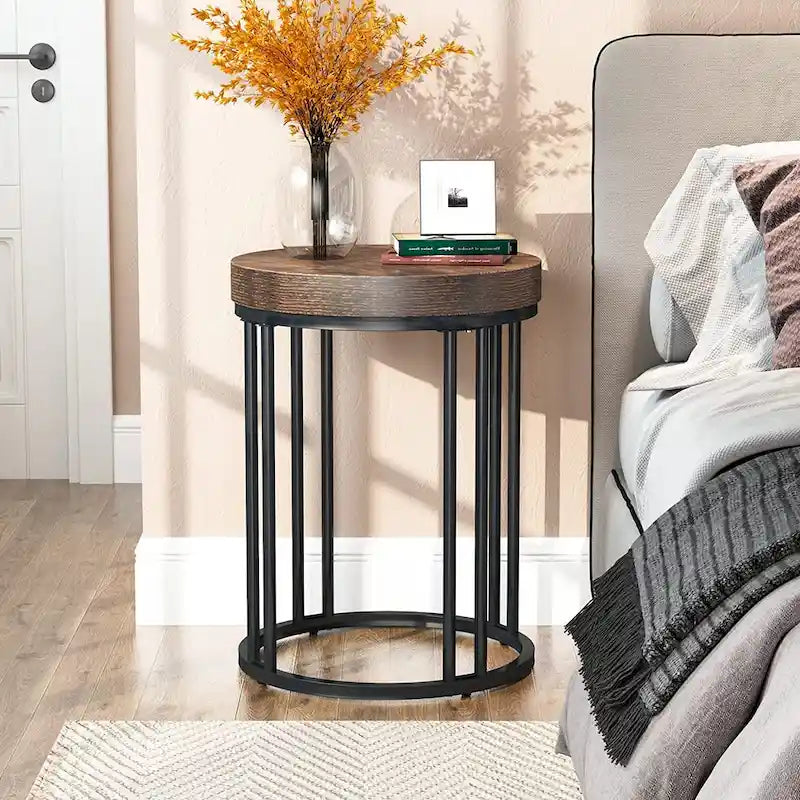 Brown/ Black Wood 2-Tier Round Sofa Side Table for Living Room