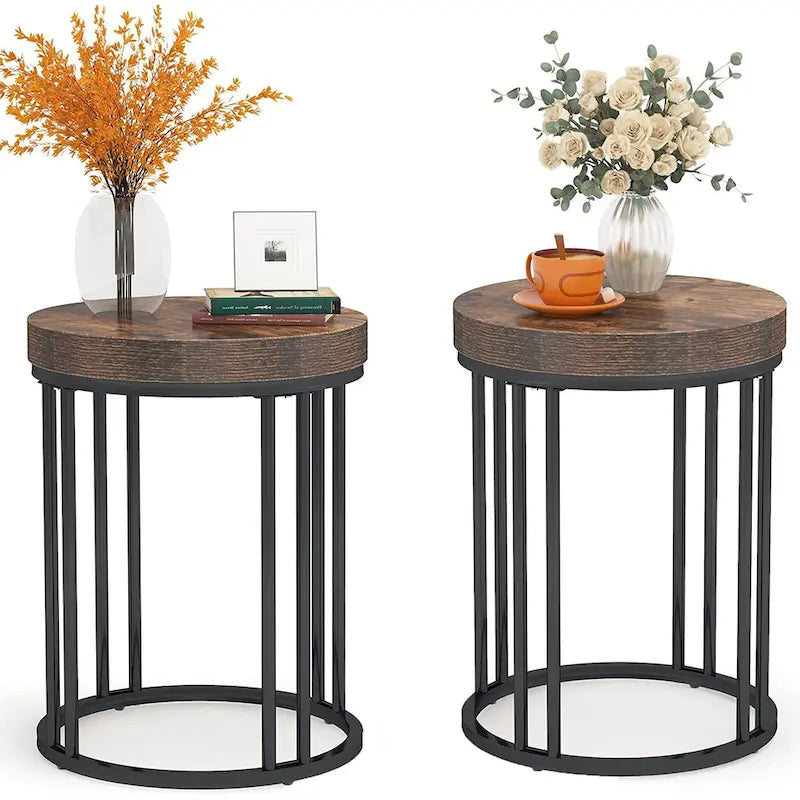 Brown/ Black Wood 2-Tier Round Sofa Side Table for Living Room