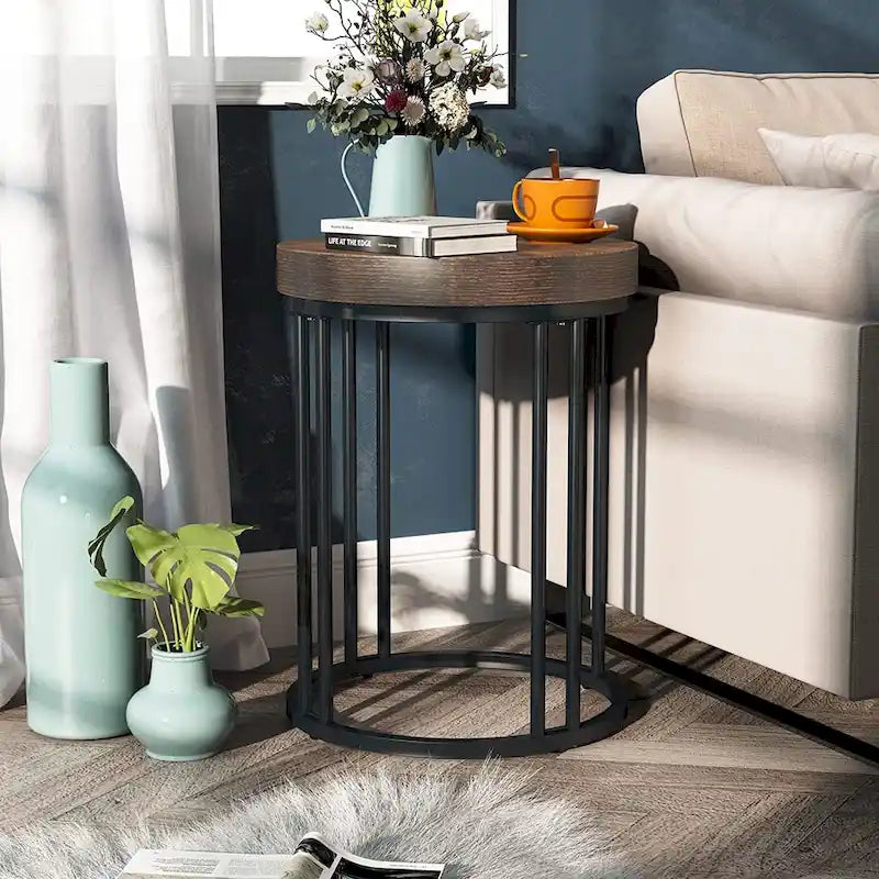Brown/ Black Wood 2-Tier Round Sofa Side Table for Living Room