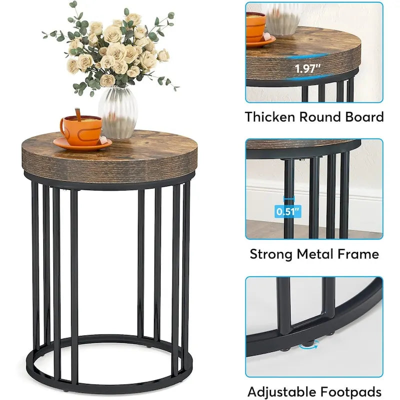 Brown/ Black Wood 2-Tier Round Sofa Side Table for Living Room