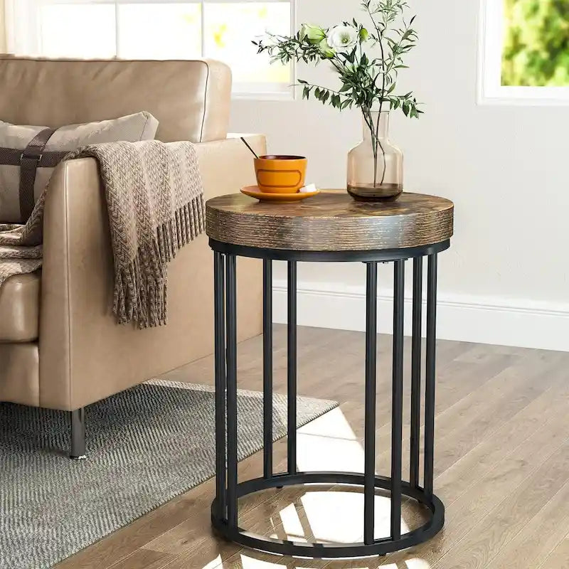 Brown/ Black Wood 2-Tier Round Sofa Side Table for Living Room