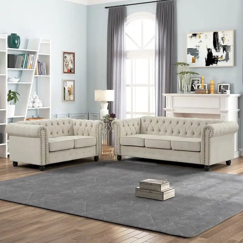 Morden Fort Tufted Upholstered Chesterfield set Loveseat, Sofa 2 PCS for Living Room, Fabric, Linen