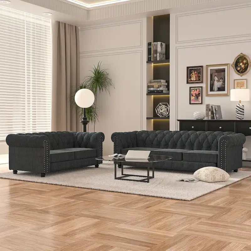 Morden Fort Tufted Upholstered Chesterfield set Loveseat, Sofa 2 PCS for Living Room, Fabric, Linen