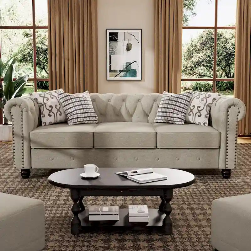 Morden Fort Tufted Upholstered Chesterfield set Loveseat, Sofa 2 PCS for Living Room, Fabric, Linen