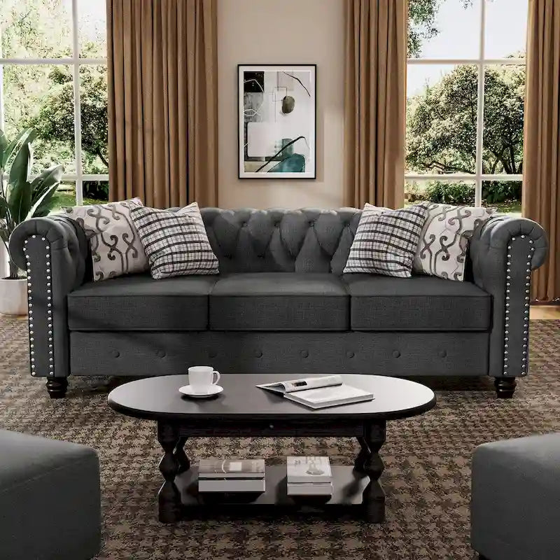 Morden Fort Tufted Upholstered Chesterfield set Loveseat, Sofa 2 PCS for Living Room, Fabric, Linen