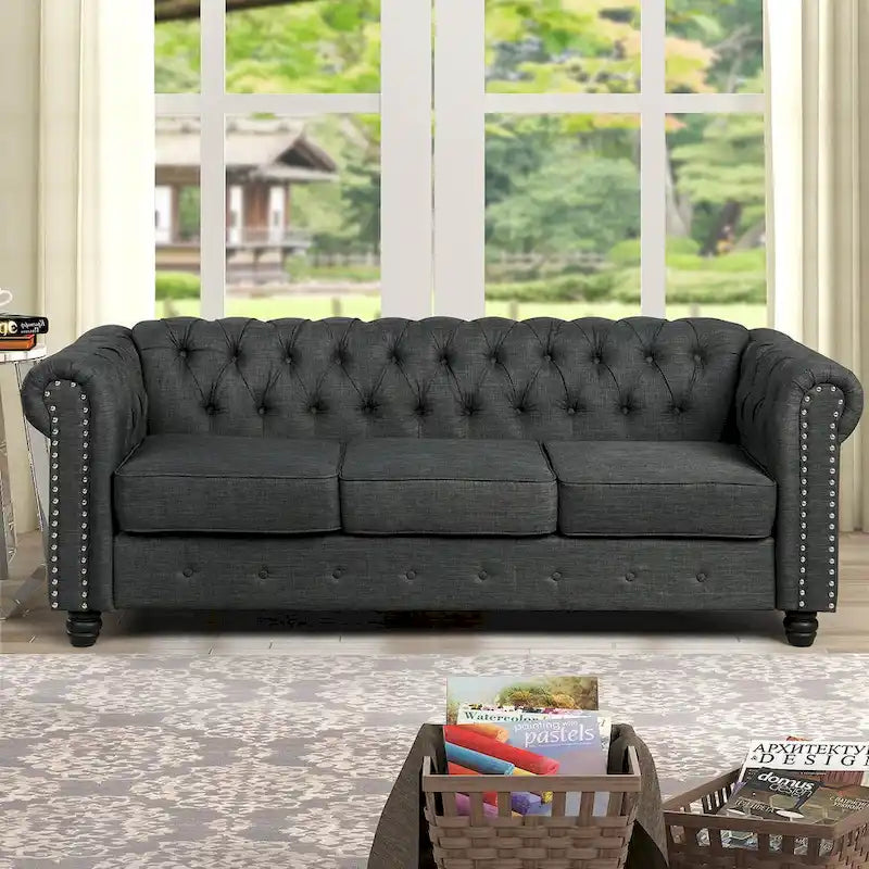 Morden Fort Tufted Upholstered Chesterfield set Loveseat, Sofa 2 PCS for Living Room, Fabric, Linen