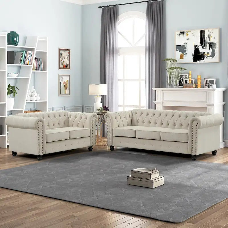 Morden Fort Tufted Upholstered Chesterfield set Loveseat, Sofa 2 PCS for Living Room, Fabric, Linen