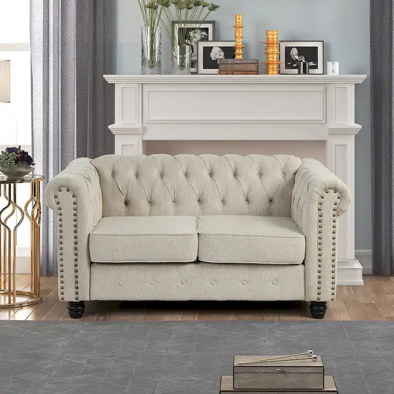 Morden Fort Tufted Upholstered Chesterfield set Loveseat, Sofa 2 PCS for Living Room, Fabric, Linen