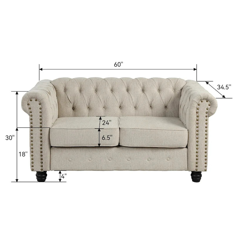 Morden Fort Tufted Upholstered Chesterfield set Loveseat, Sofa 2 PCS for Living Room, Fabric, Linen