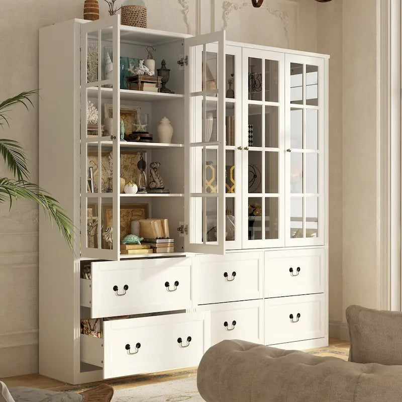 78.7 Combo Buffet Bookcase Storage Cabinet Glass Bookshelf Display