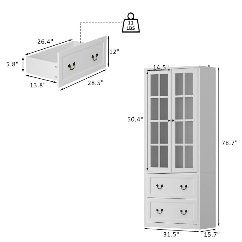 78.7 Combo Buffet Bookcase Storage Cabinet Glass Bookshelf Display