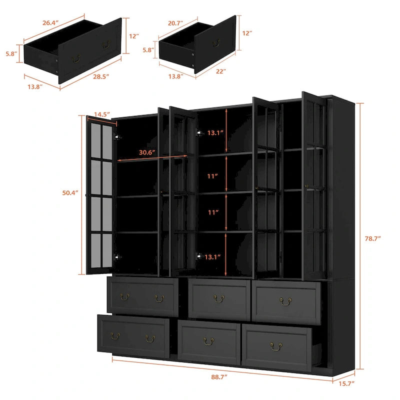 78.7 Combo Buffet Bookcase Storage Cabinet Glass Bookshelf Display