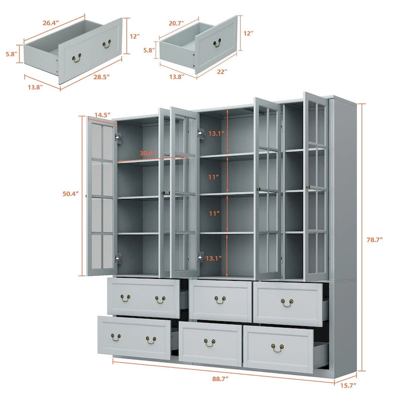 78.7 Combo Buffet Bookcase Storage Cabinet Glass Bookshelf Display