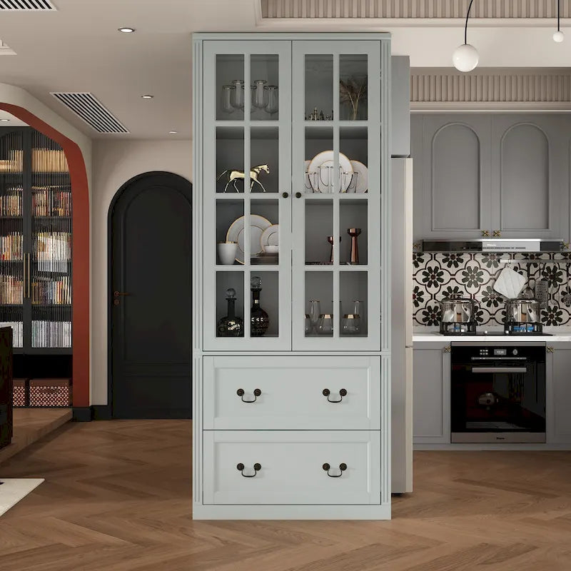 78.7 Combo Buffet Bookcase Storage Cabinet Glass Bookshelf Display