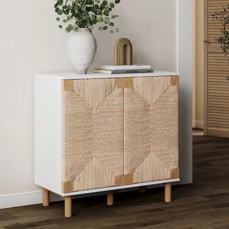 Nathan James Beacon Wood Accent Cabinet with Seagrass Doors and Adjustable Shelf