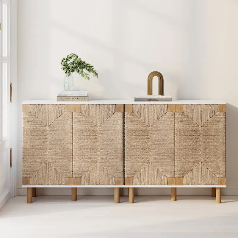 Nathan James Beacon Wood Accent Cabinet with Seagrass Doors and Adjustable Shelf