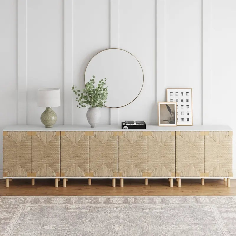 Nathan James Beacon Wood Accent Cabinet with Seagrass Doors and Adjustable Shelf