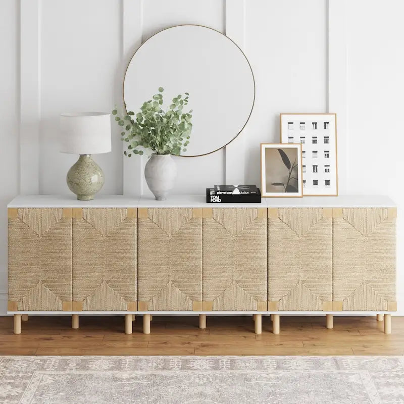Nathan James Beacon Wood Accent Cabinet with Seagrass Doors and Adjustable Shelf