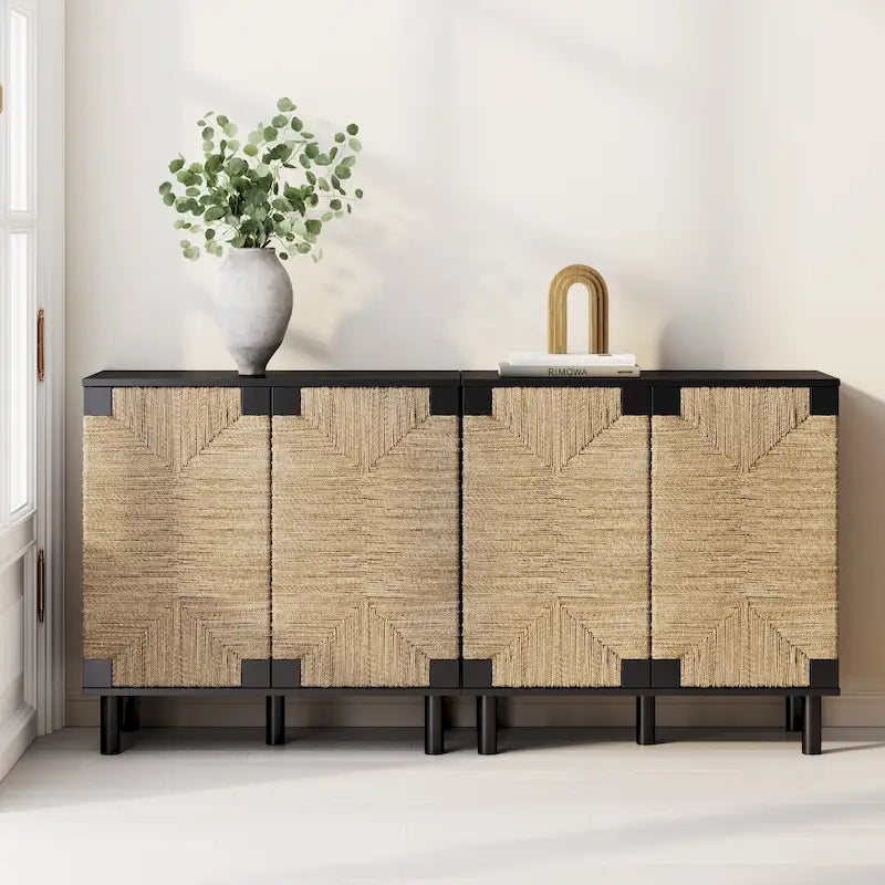 Nathan James Beacon Wood Accent Cabinet with Seagrass Doors and Adjustable Shelf