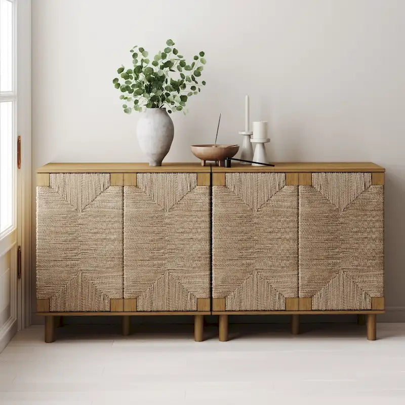 Nathan James Beacon Wood Accent Cabinet with Seagrass Doors and Adjustable Shelf