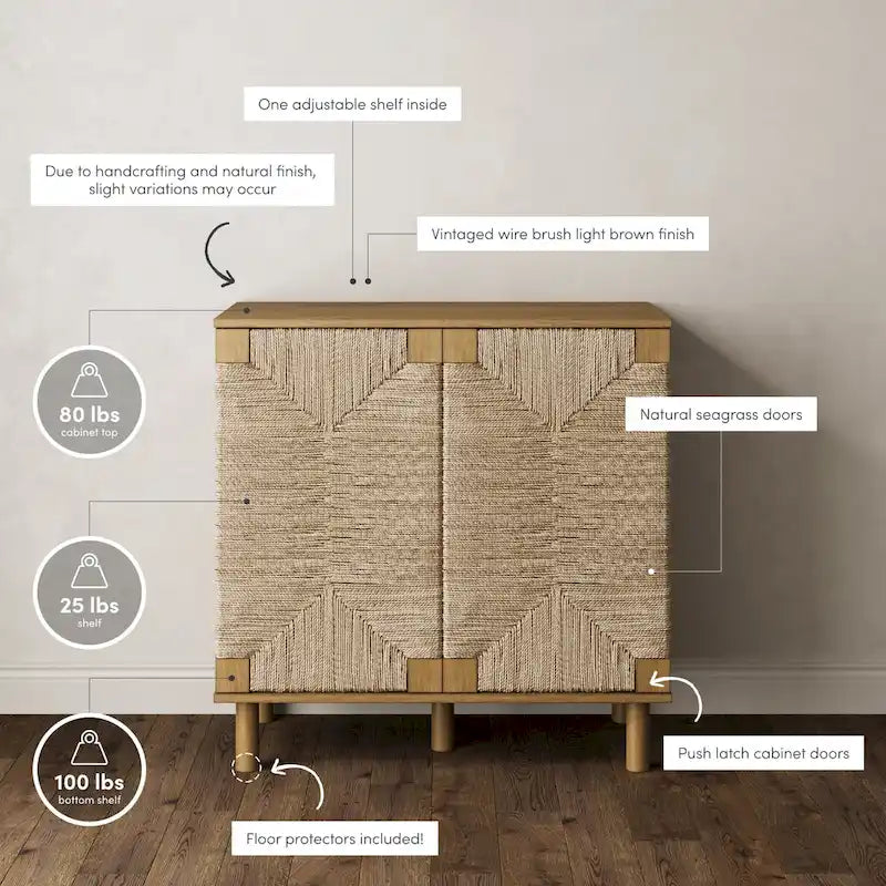 Nathan James Beacon Wood Accent Cabinet with Seagrass Doors and Adjustable Shelf