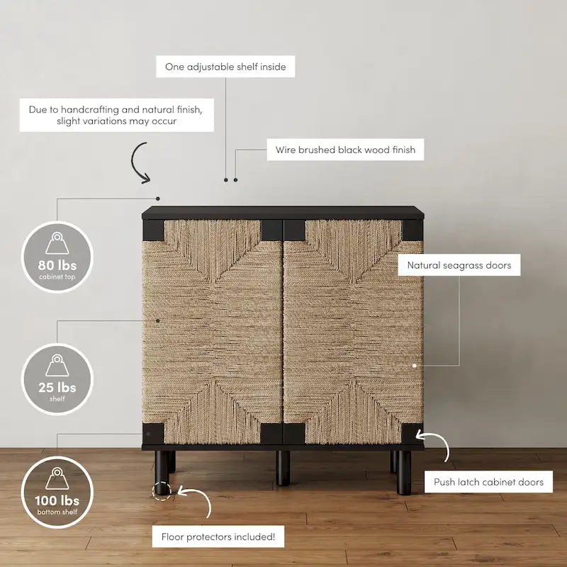 Nathan James Beacon Wood Accent Cabinet with Seagrass Doors and Adjustable Shelf
