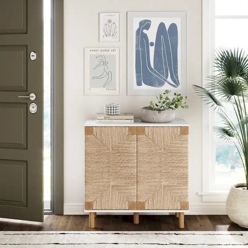 Nathan James Beacon Wood Accent Cabinet with Seagrass Doors and Adjustable Shelf