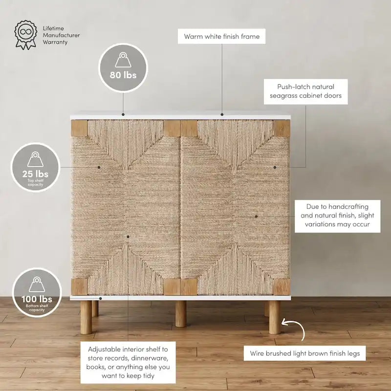 Nathan James Beacon Wood Accent Cabinet with Seagrass Doors and Adjustable Shelf