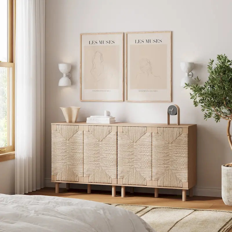 Nathan James Beacon Wood Accent Cabinet with Seagrass Doors and Adjustable Shelf