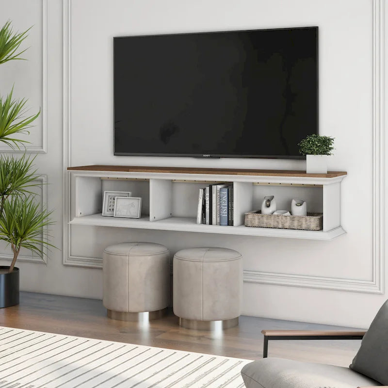 DH BASIC Transitional White 63-Inch 3-Shelf Floating TV Stand by Denhour