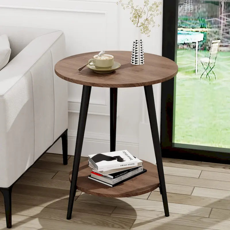 Round End Table Modern White Side Table for Living Room Bedroom Nightstand Accent Table with 2-Tier Faux Marble Wood Top