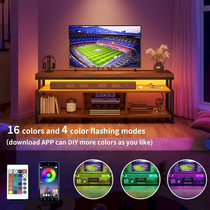 Industrial Wood TV Stand with LED Light with Open Storage Shelves Power Outlets Bluetooth Remote