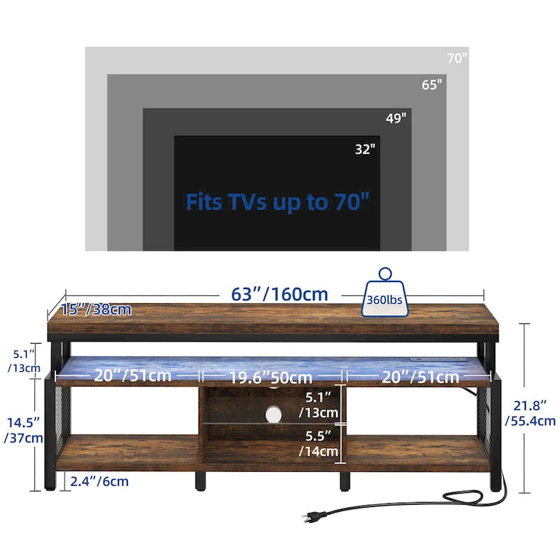 Industrial Wood TV Stand with LED Light with Open Storage Shelves Power Outlets Bluetooth Remote