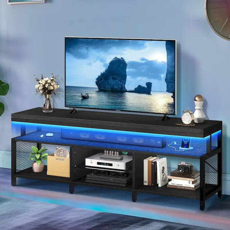 Industrial Wood TV Stand with LED Light with Open Storage Shelves Power Outlets Bluetooth Remote