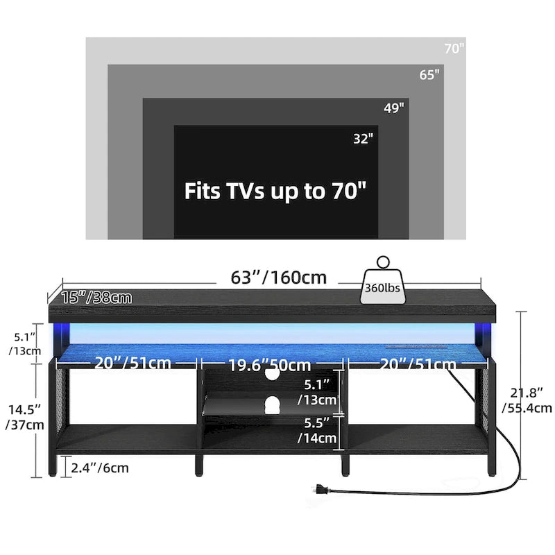 Industrial Wood TV Stand with LED Light with Open Storage Shelves Power Outlets Bluetooth Remote