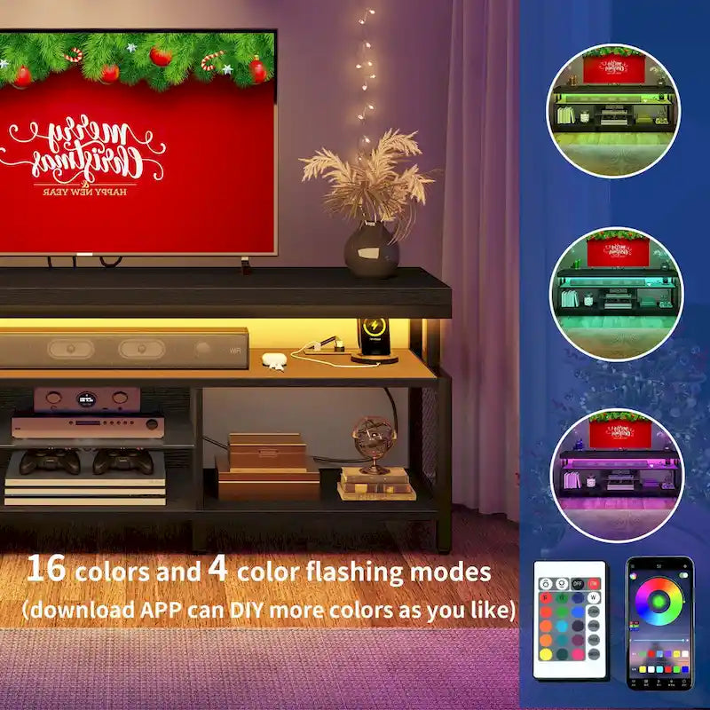 Industrial Wood TV Stand with LED Light with Open Storage Shelves Power Outlets Bluetooth Remote