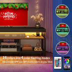 Industrial Wood TV Stand with LED Light with Open Storage Shelves Power Outlets Bluetooth Remote