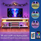 Industrial Wood TV Stand with LED Light with Open Storage Shelves Power Outlets Bluetooth Remote