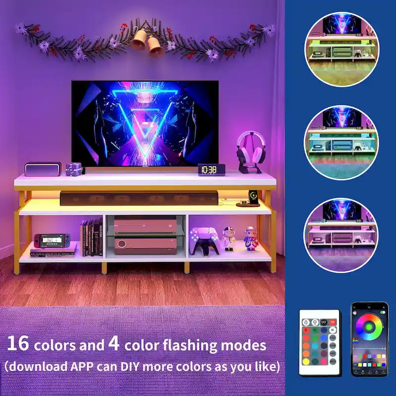 Industrial Wood TV Stand with LED Light with Open Storage Shelves Power Outlets Bluetooth Remote