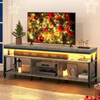 Industrial Wood TV Stand with LED Light with Open Storage Shelves Power Outlets Bluetooth Remote