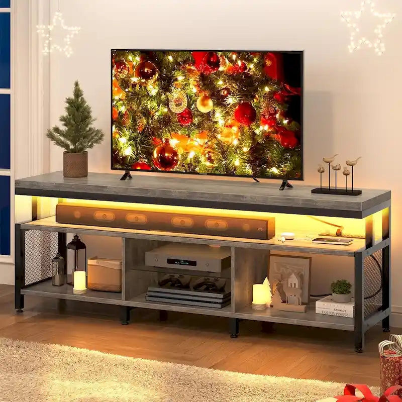 Industrial Wood TV Stand with LED Light with Open Storage Shelves Power Outlets Bluetooth Remote