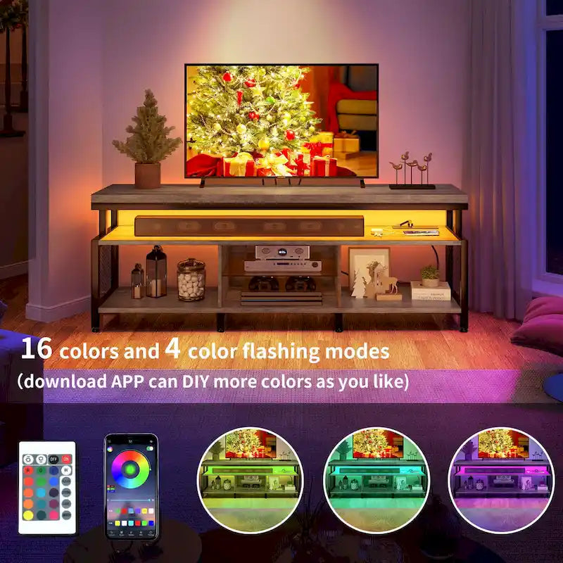 Industrial Wood TV Stand with LED Light with Open Storage Shelves Power Outlets Bluetooth Remote