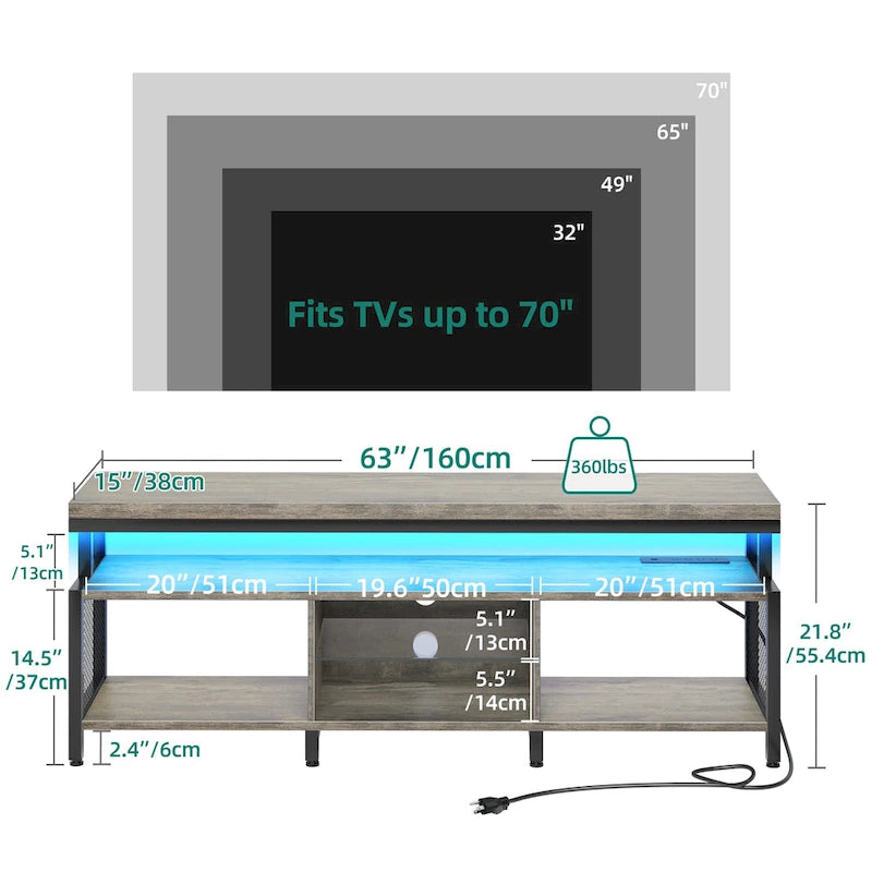 Industrial Wood TV Stand with LED Light with Open Storage Shelves Power Outlets Bluetooth Remote