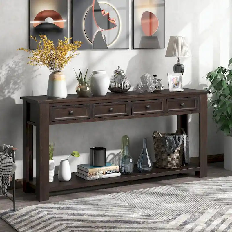 Console Table with Storage Drawers and Bottom Shelf