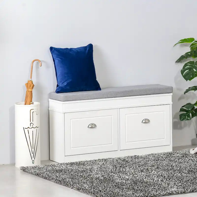 HOMCOM Shoe Rack Bench for Entryway Storage Organizer with Cushion 2 Drawers Adjustable Shelf, White - 41 x 9.5 x 21.75