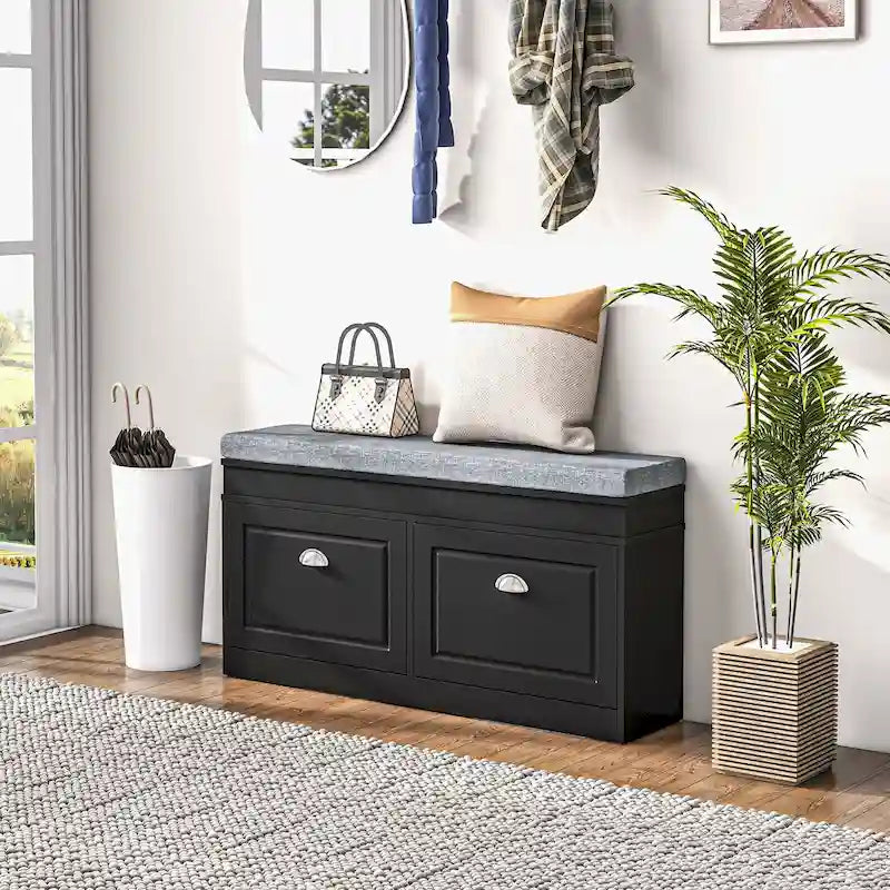 HOMCOM Shoe Rack Bench for Entryway Storage Organizer with Cushion 2 Drawers Adjustable Shelf, White - 41 x 9.5 x 21.75