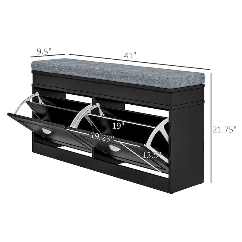 HOMCOM Shoe Rack Bench for Entryway Storage Organizer with Cushion 2 Drawers Adjustable Shelf, White - 41 x 9.5 x 21.75