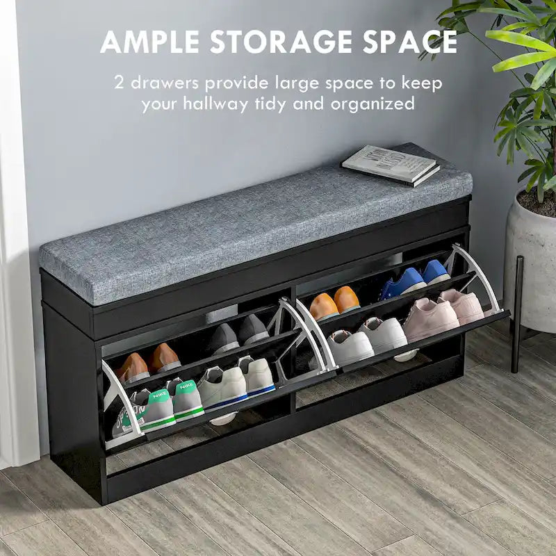 HOMCOM Shoe Rack Bench for Entryway Storage Organizer with Cushion 2 Drawers Adjustable Shelf, White - 41 x 9.5 x 21.75